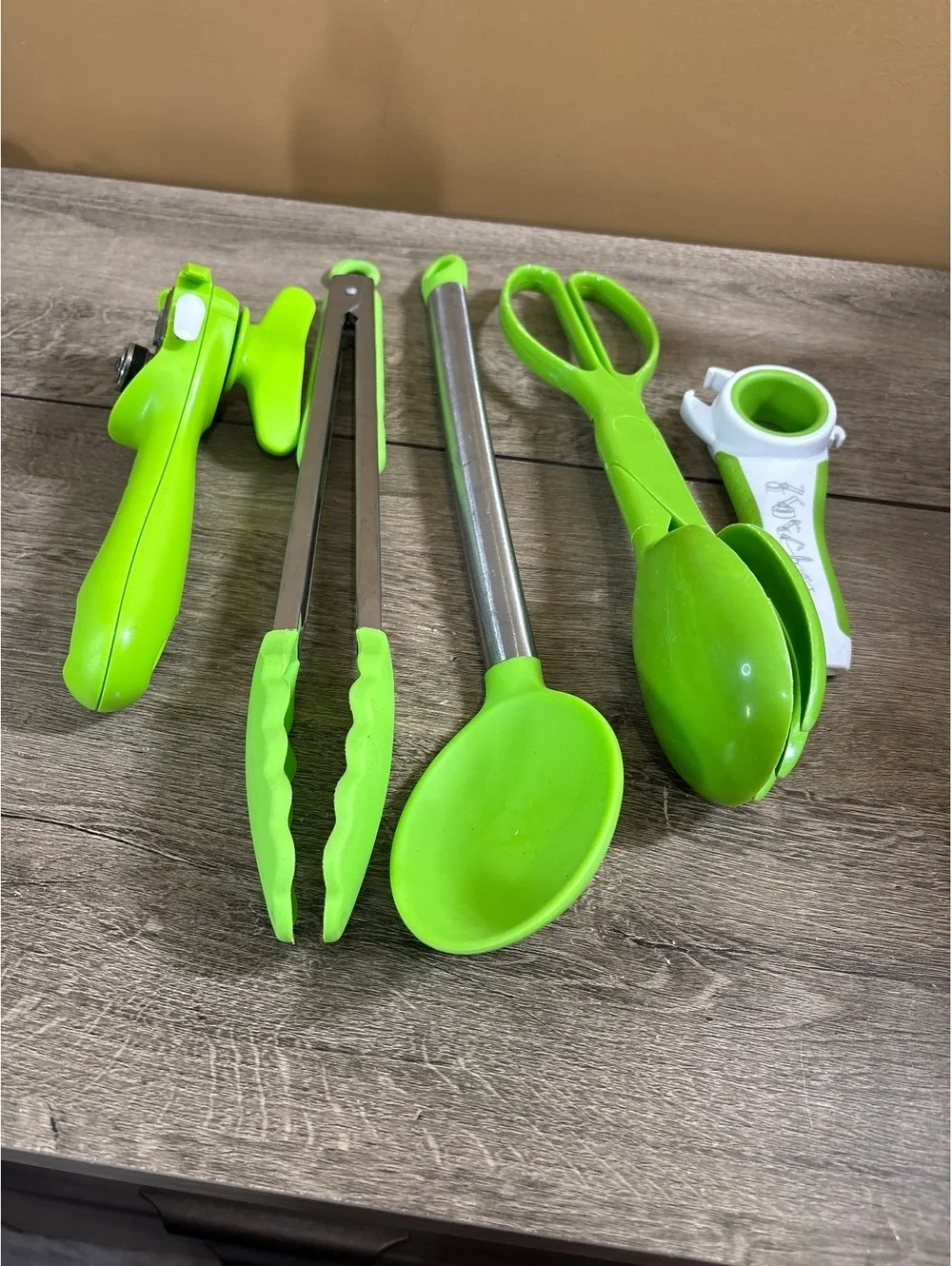 Green Kitchen Utensil Set with Tongs, Scissors, Spoon, Can Opener, and More